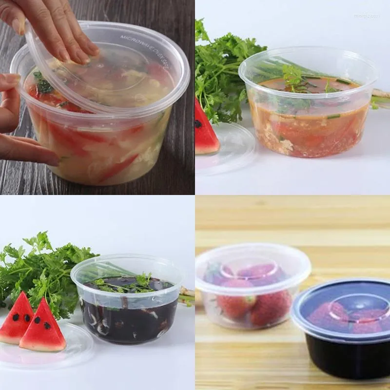 그릇 10pcs 플라스틱 보울 일회용 점심 수프 라운드 컨테이너 상자 뚜껑