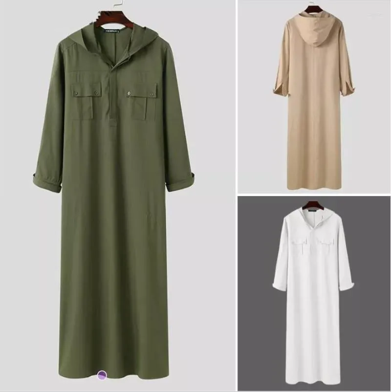 Etniska kläder Solid Color Muslim Robes Mens Long Sleeve Jubba Thobe Mult Pockets Kaftan Arabia Dubai med Hooded Loose Musulman Homme