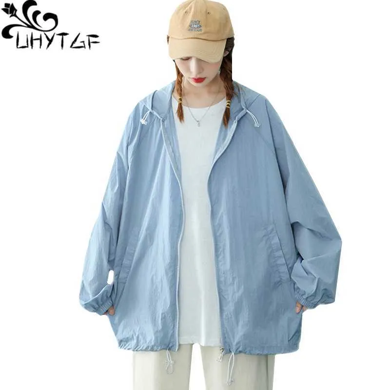 Outdoor T-Shirts UHYTGF Fashion Ice Silk 5XLPlus Size Jacket Women Hooded AntiUV Breathable Summer Coat Female Thin Sun Protection Clothing 2111 J230214