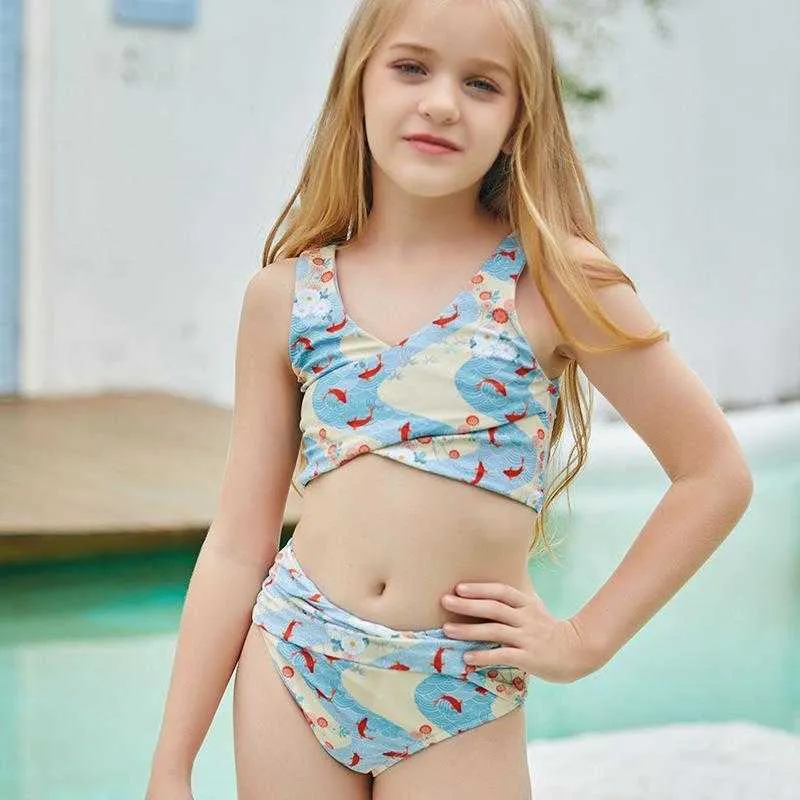 Cartoon Blue Split One Piece One pieces Bow Xiaoqing Xintong Childrens Swimsuit