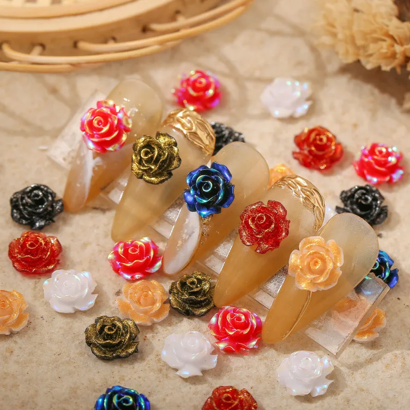 Nail Art Decorations 100Pcs B6810mm 3D White Rose FivePetal Flowers Petal Resin Glazed Pearl Arylic Gem Decoration 230214