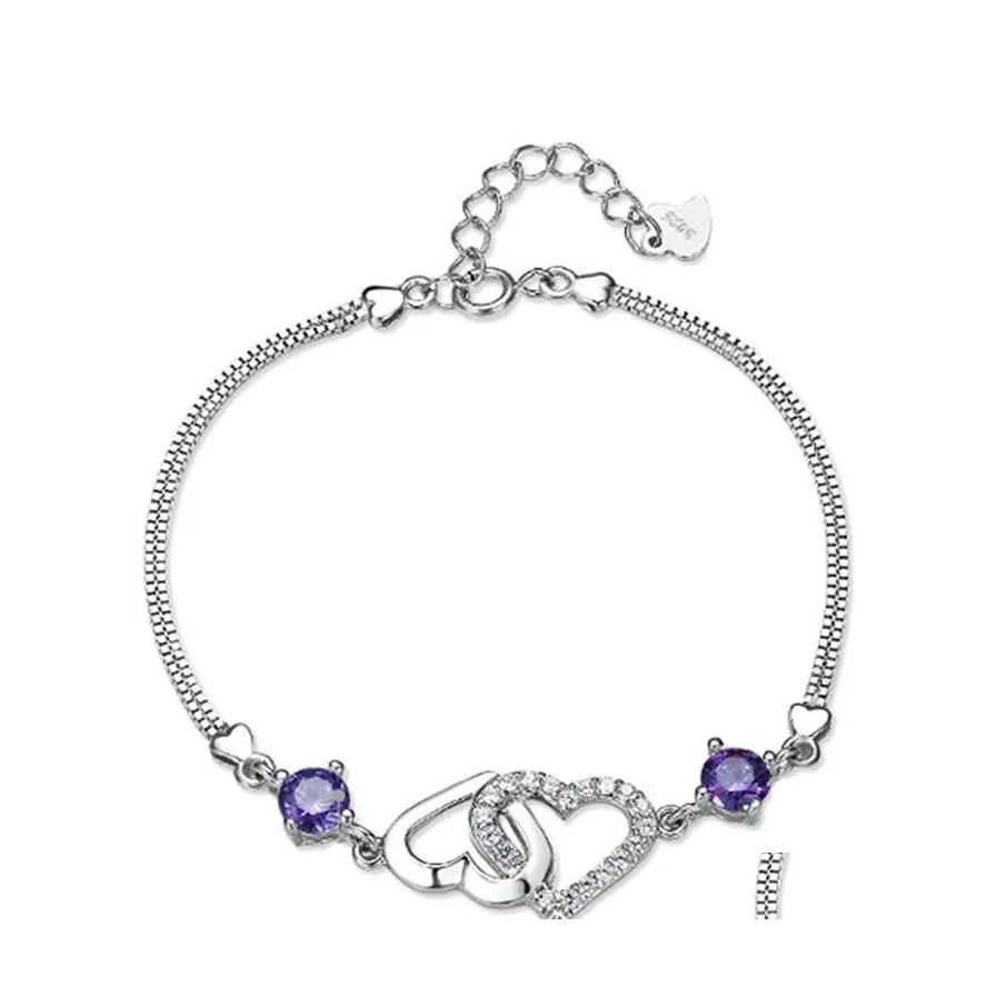 Catena a maglie Sier Cuore a collegamento Bracciale Moda Modelli femminili Carino Vintage Wild Super Flash Gioielli Cristalli viola Bracciali Drop De Dhwqm