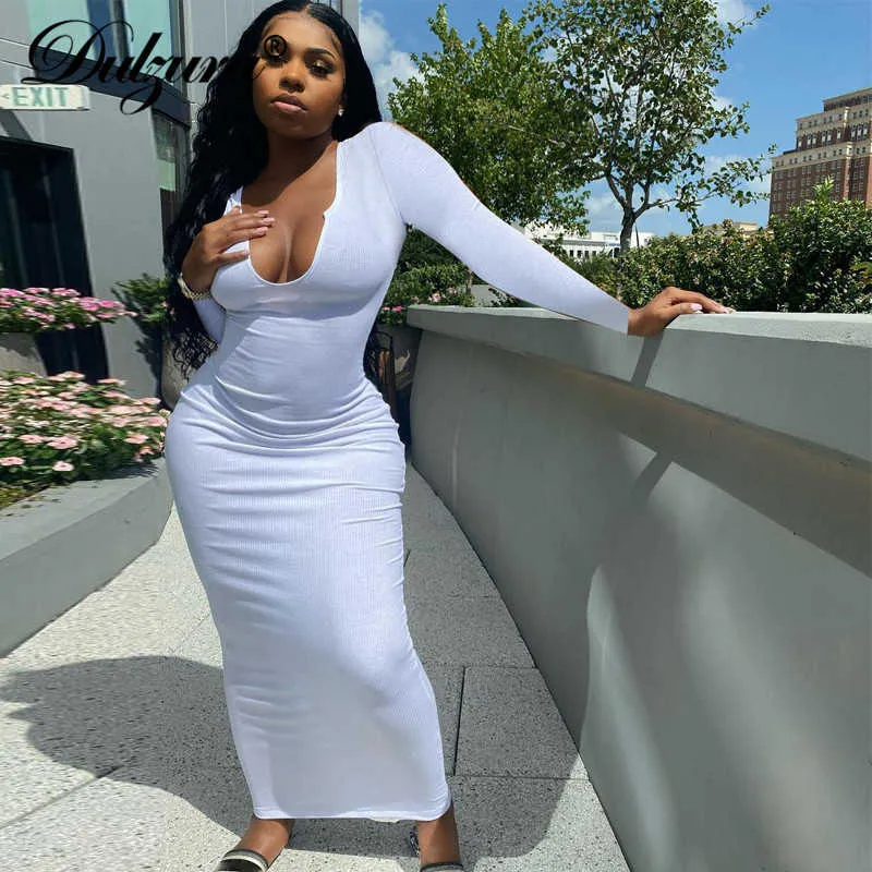 Casual Dresses Dulzura Ribbed Knitted Women Pure Long Sleeve Midi Dress V Neck Bodycon Sexy Streetwear Party Elegant 2021 Summer Slim Clothes T230210