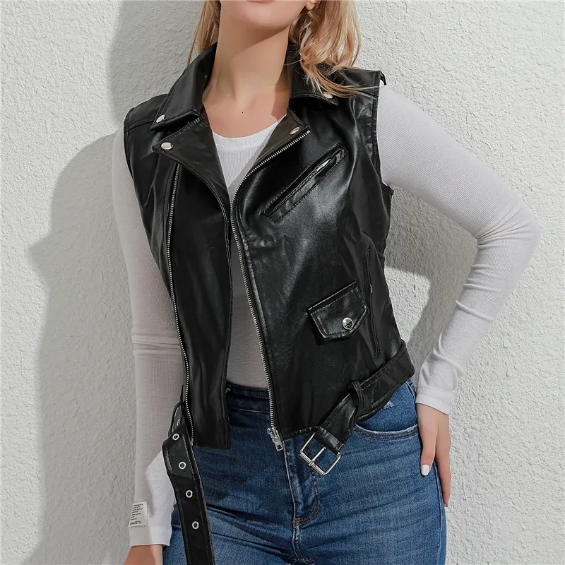 Kvinnors västar Autumn Punk Women Waistcoat Spring Pu Leather Motorcykel Vest Cool Girl Coat ärmlös dragkedja Stäng av kragen 230215