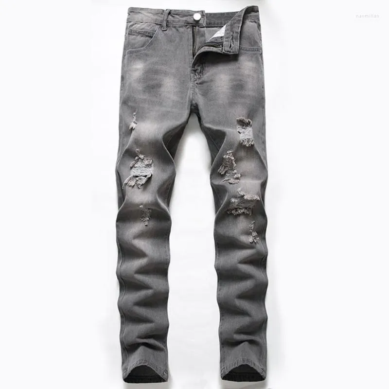 Men's Jeans Cotton Ripped Pants Grey Hip Hop Trousers Cowboy For Men Straight Leg Pencil Clothing Naom22