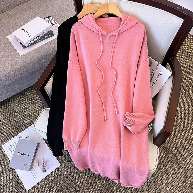 Plus Size Dresses 155Kg Women's Bust 160 Spring Autumn Loose Hooded A-Line Sweater Dress Black Pink 5XL 6XL 7XL 8XL 9XL 10XL