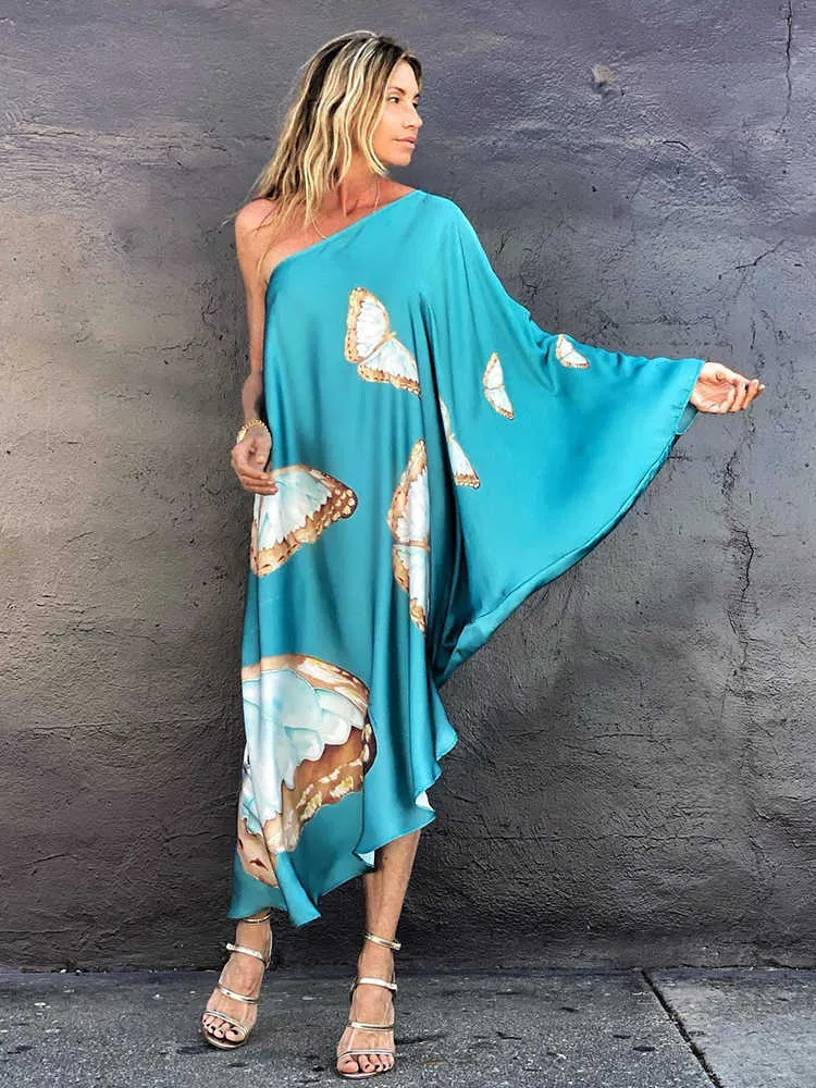 Casual Dresses Casual Vacation Women Dress Sloping Shoulder Summer Dress Irregular Long Sleeve Beach Dress Fashion Loose Printed Party Dress T230210