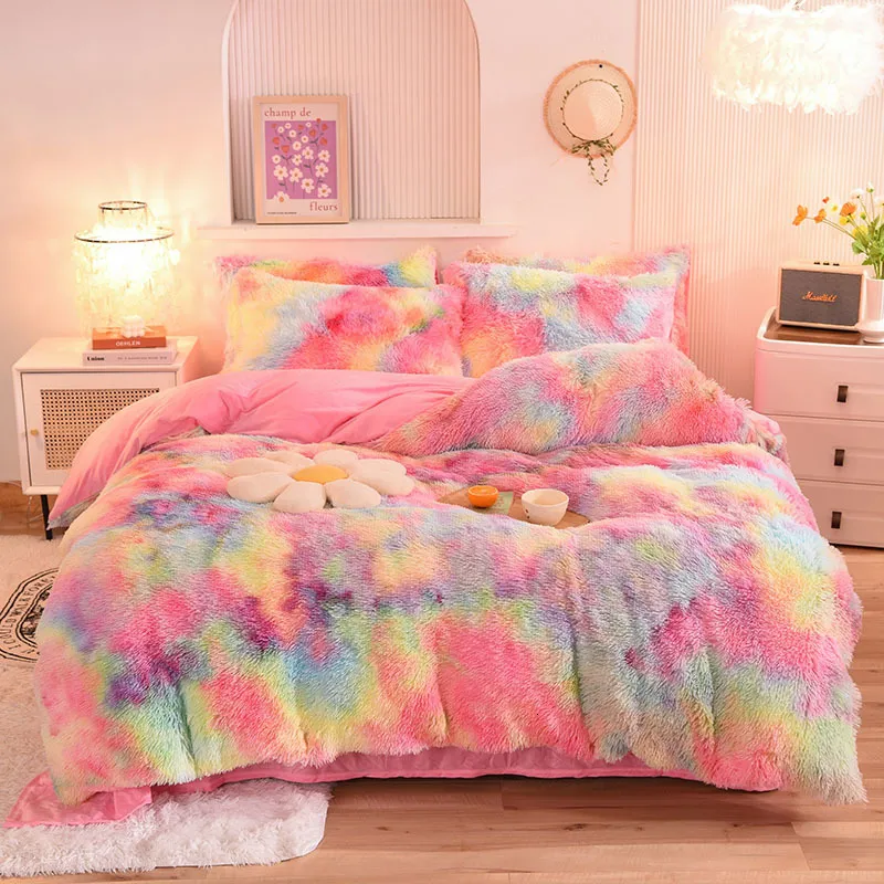 Bedding sets Super Shaggy Coral Fleece Warm Cozy Princess Bedding Set Mink Velvet QuiltDuvet Cover Set Bed Comforter Blanket Pillowcases 230214