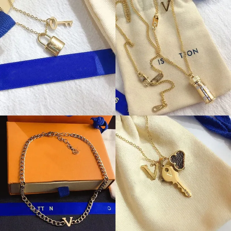 Colar de design de luxo 18k banhado a ouro colares de aço inoxidável gargantilha corrente carta pingente moda feminina acessórios de joias de casamento com saco de pó