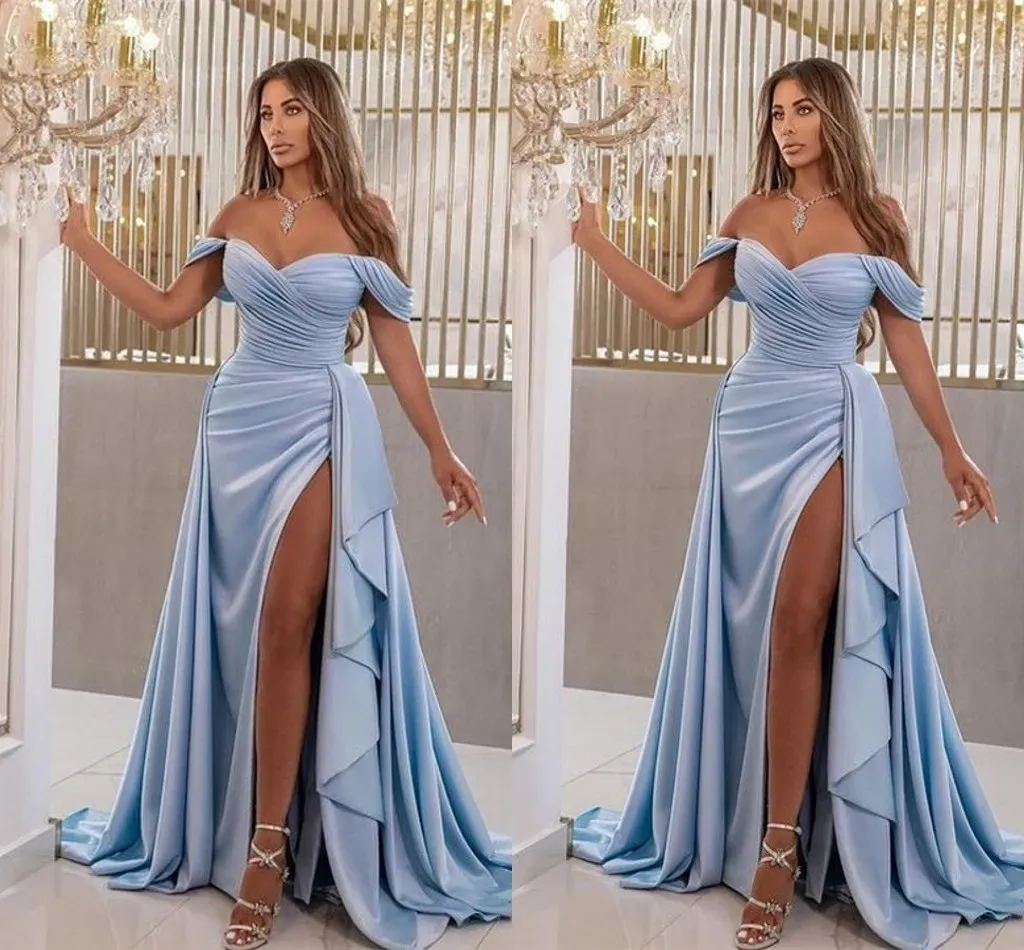 Bleu ciel clair SPlit soirée robes de bal Arabid Dubai Sexy une ligne hors épaules plis volants longues robes de bal surjupe Robe de soirée 2023