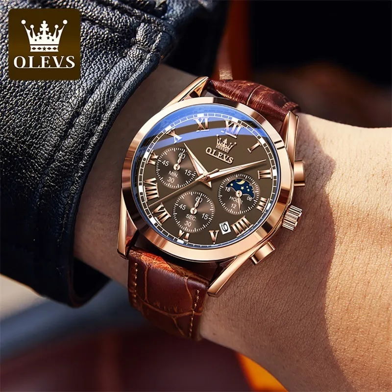 ساعة معصم Olevs Elite Mens Quartz Watches Business Dress Waterproof Wristwatch Men Luxury Leather Gothly Watch Watch Men Men 230215