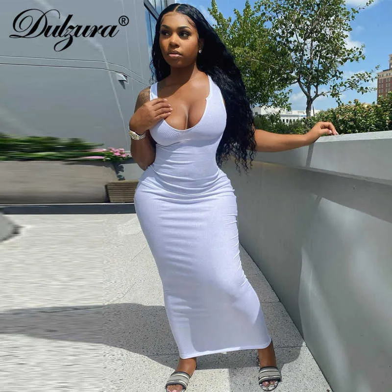 Casual Dresses Dulzura Ribbed Knitted Stripe Women Pure Sleeveless Midi Dress V Neck Bodycon Sexy Streetwear Party Club Elegant 2021 Summer T230210