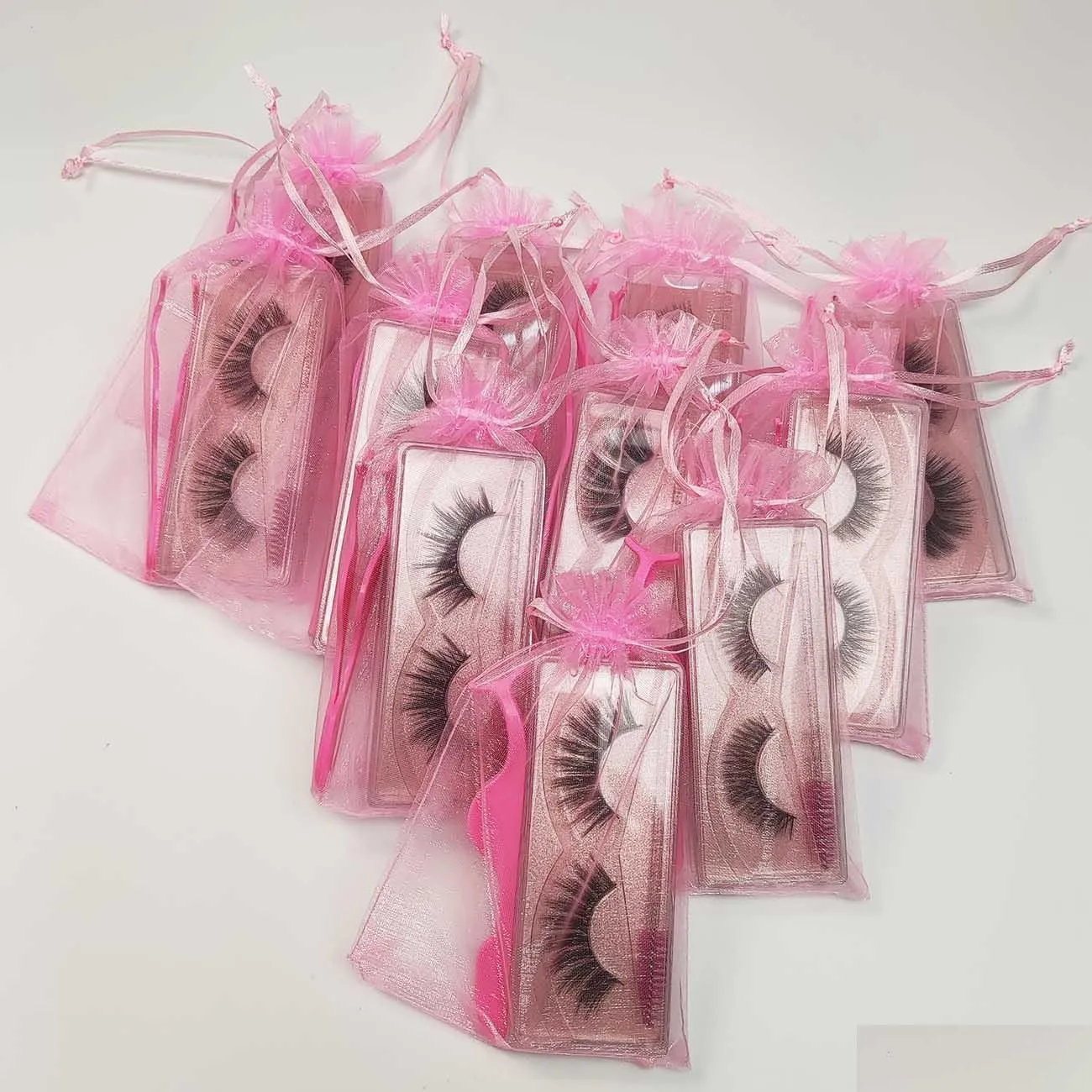 False Eyelashes Soft Light Fake Glitter Lash Extension Mink Lashes Makeup 3D Faux Hair Natural Cross Tweezer Brush Set In Pink Bag C Dhrff