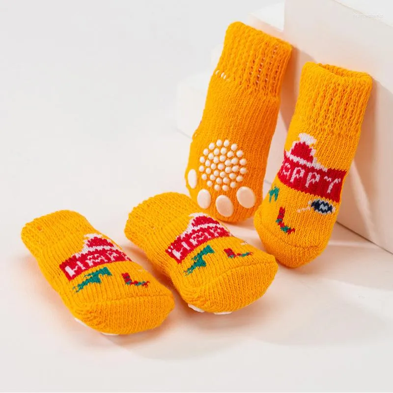 Dog Apparel 4Pcs Winter Thick Protector Socks Anti-Slip Puppy SocksSmall Cat Dogs Knit Warm Pet Booties Accessories