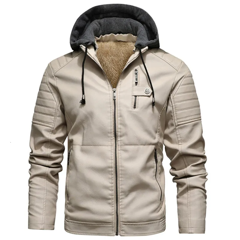 Jackets masculinos Lão de lã de masculino Jaquetas de couro PU com capuz Jaqueta de motocicleta casual de inverno outo