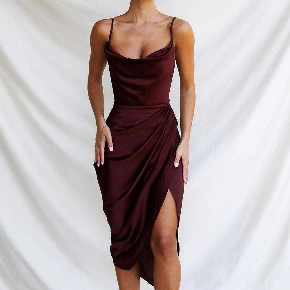 Casual Dresses Dulzura Stain Women Strap Midi Dress High Slit Ruched Elegant Bodycon Sexy Party Club Streetwear 2020 Autumn Winter Club Solid T230210