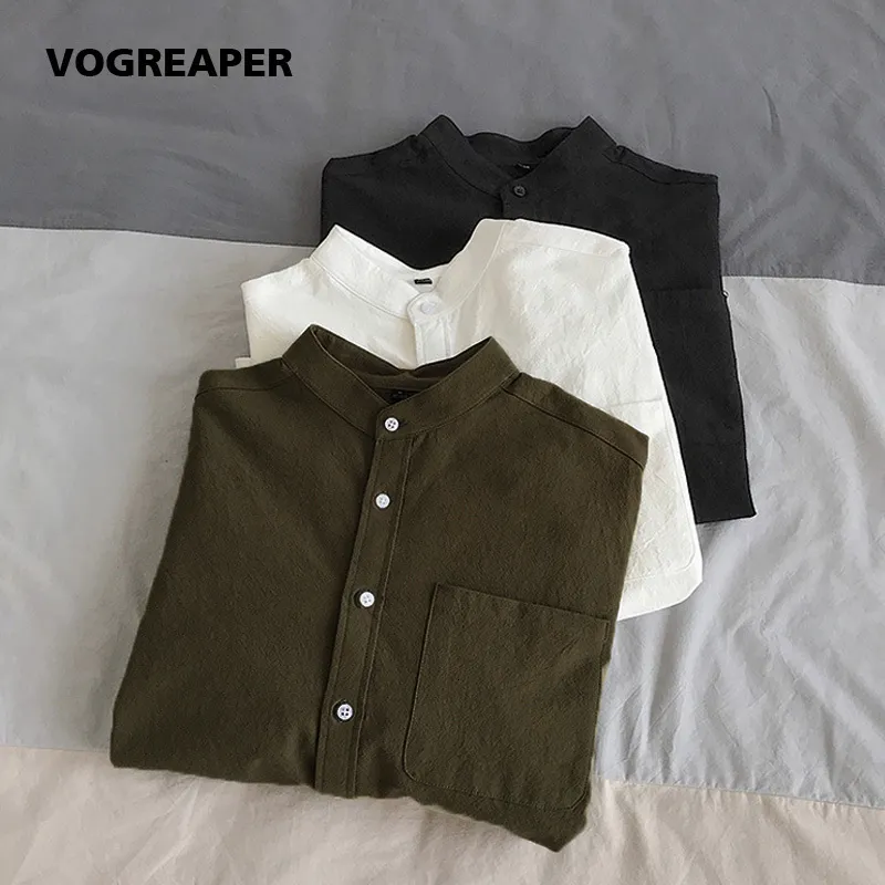 Mens Casual Shirts Simple Design Solid Colors Long Sleeve Korean Fashion Mandarin Collar 100% Cotton White Black Shirt Soft and Comfort 230214