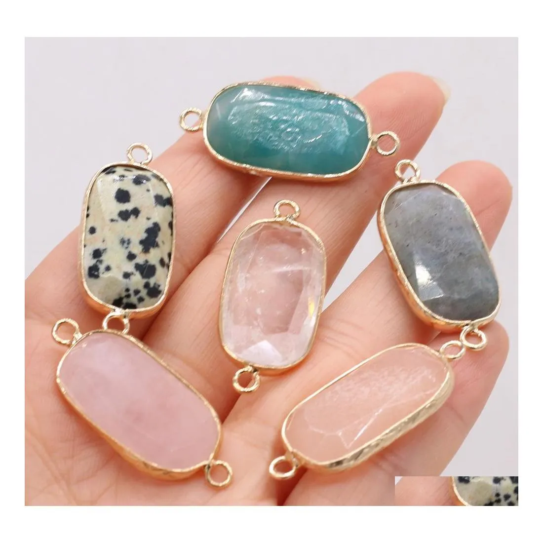 Stone Healing Natural Rec Rose Quartz Facettered Connector Pendant Double Ear Connectors f￶r halsbandsarmband smycken g￶r droppe Deliv Dhekx