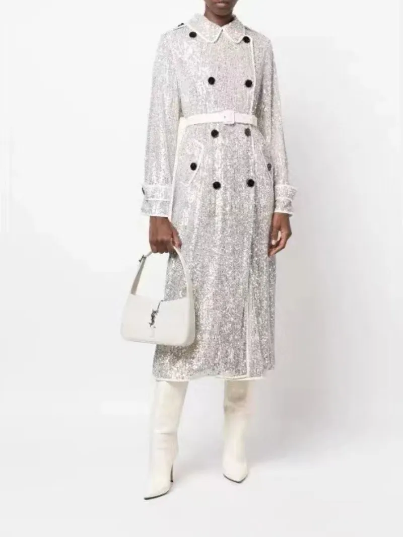 Trench-coat à paillettes pour femmes, manteau Long à manches longues, argent, haute qualité, mode automne hiver 230215