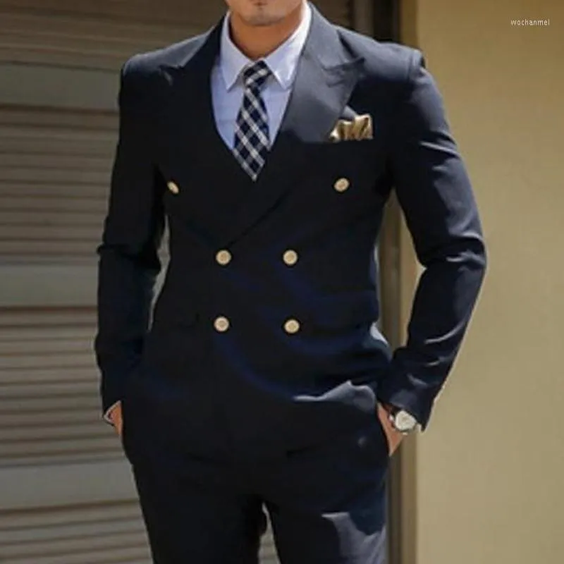 Ternos masculinos Busas de peito duplo para homens Slim Fit Navy azul marinho personalizado Casamento personalizado noivo Tuxedo Jaqueta de moda masculina com calça