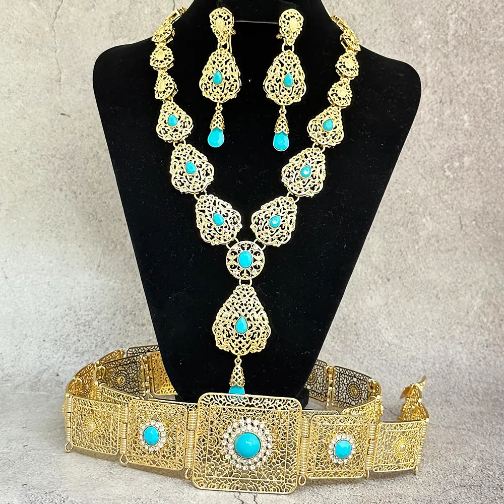 Set di gioielli da sposa Set di gioielli caftano arabo per donna Colore oro design cavo Abito da sposa di lusso Cintura Collana Orecchini Set Gioielli di cristallo sposa 230215