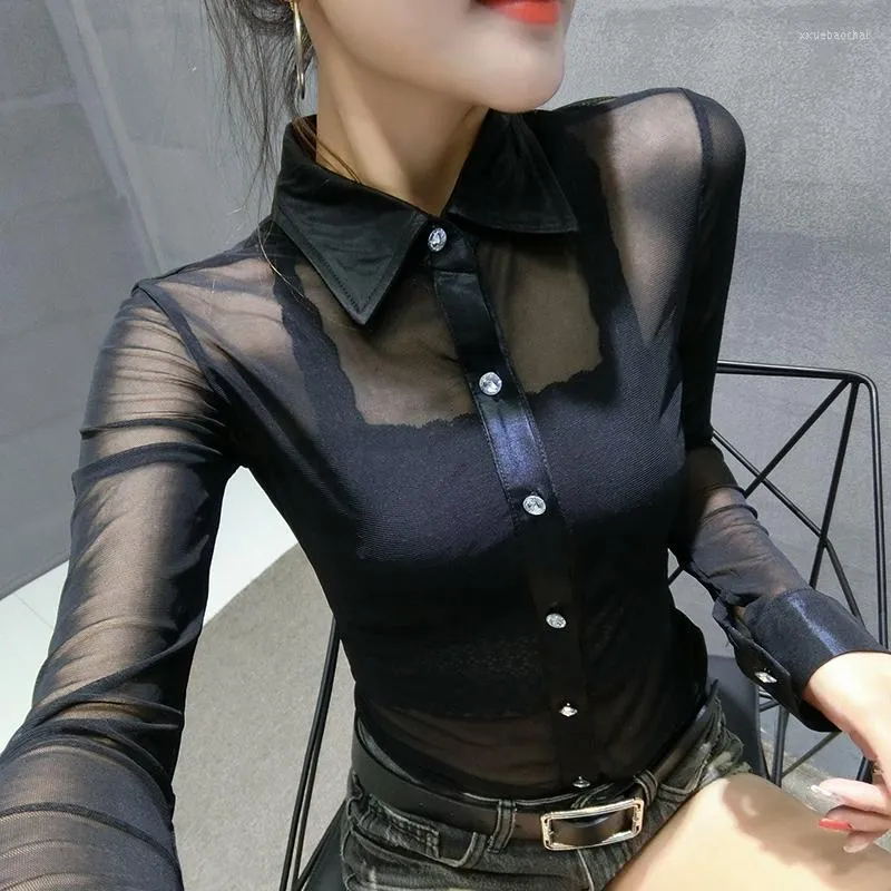 Blusas femininas malha transparente blusa camisa 2023 cardigan manga longa slim feminino tops boate da boate através das mulheres Top sexy 196c