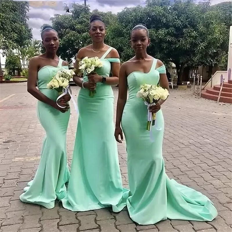 Vestido de dama de honra longa e verde de menta um ombro simples cetim sereia vestidos de festa formal decote de coração de coração country jardim de casamento vestidos de convidado