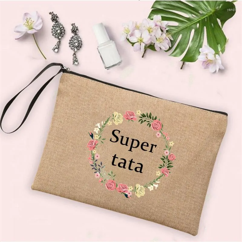 Kosmetische Taschen Geschenke für Tata Super Wreath Print Leinen Reißverschluss Beutel Reisen Reisetilier Organizer Beutel Frauen Neser Make -up