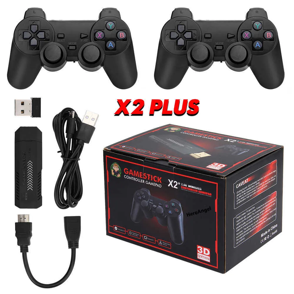 وحدات التحكم في الألعاب joysticks x2 plus retro tv game console 3d 4k outputice gamestick 24g dual bandles wireless controller games portable games 128g 40000 games j230214