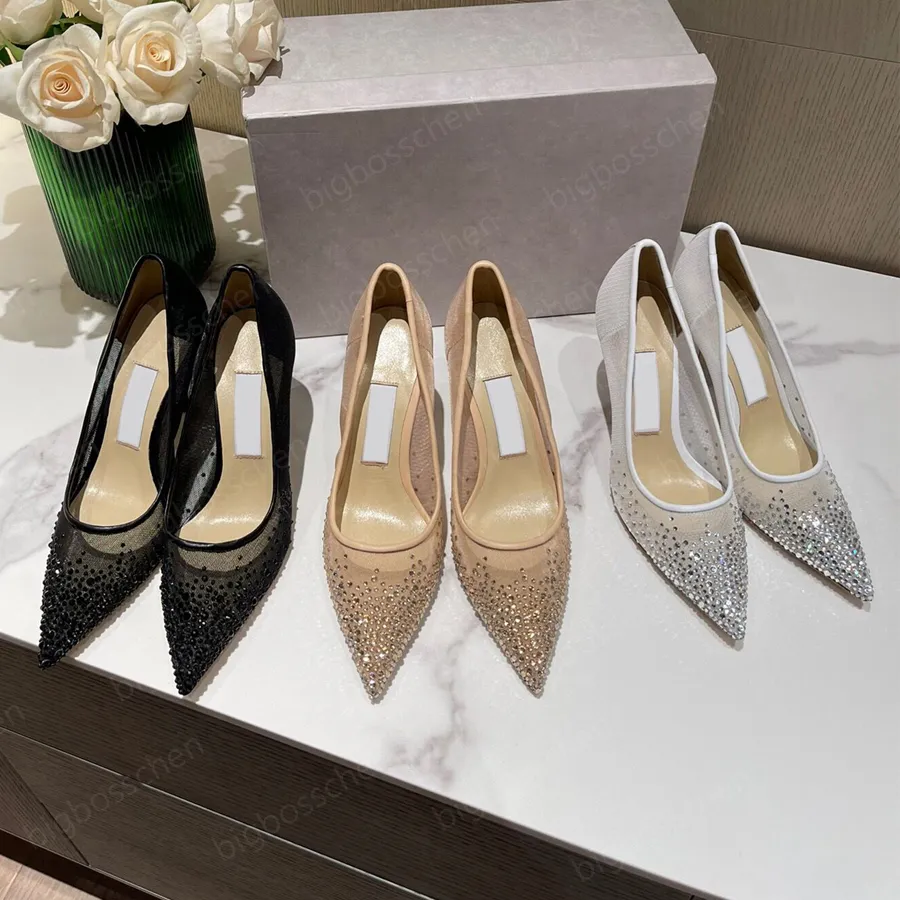 Chaussures de mariage à talons hauts pour femmes de luxe sandales de designer mode nouvelle maille pointue gemmes de cristal mousseux sexe confortable discothèque filles cocktail chaussures de demoiselle d'honneur