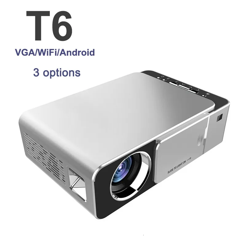 프로젝터 T6 LCD 프로젝션 LED 램프 HD 3500 루멘 휴대용 VGA WiFi 안드로이드 버전 USB 지원 4K 1080P 레드 실버 230214