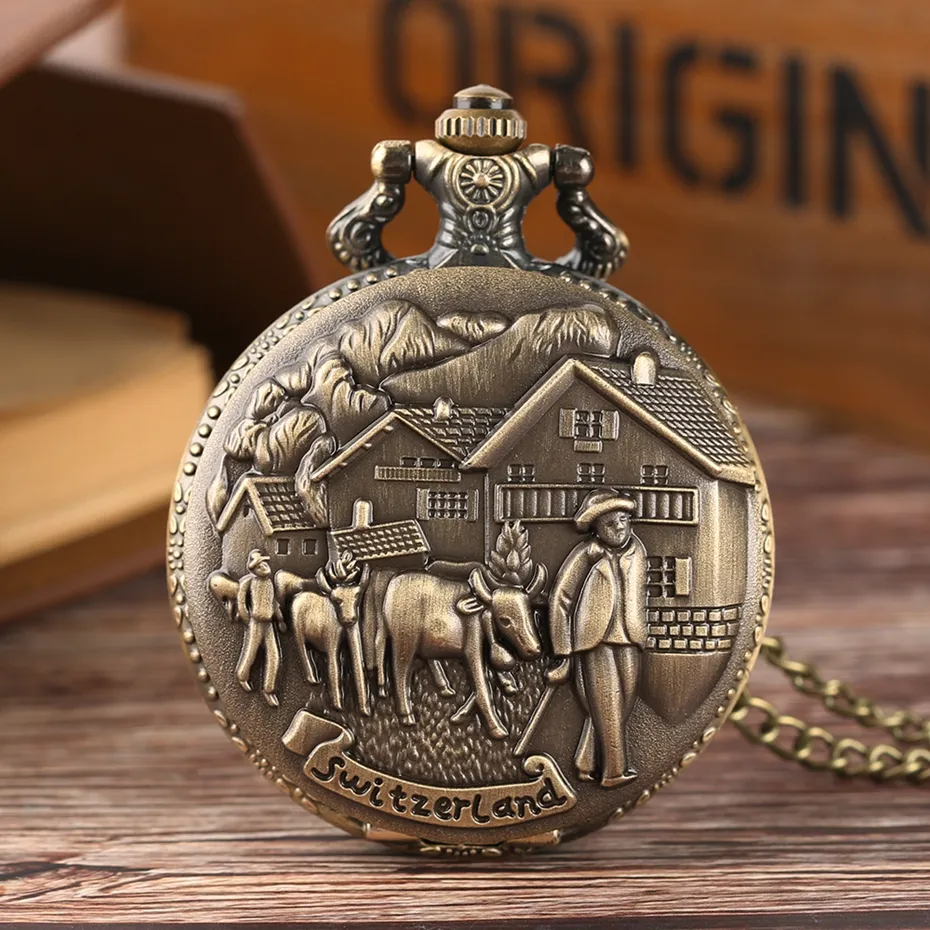 Antique Gifts Vintage Cow Cattle Farmer Pendant Cool Quartz Pocket Watch Men Women Round Necklace Chain Fob Clock Jewelry Watch 2018 (7)