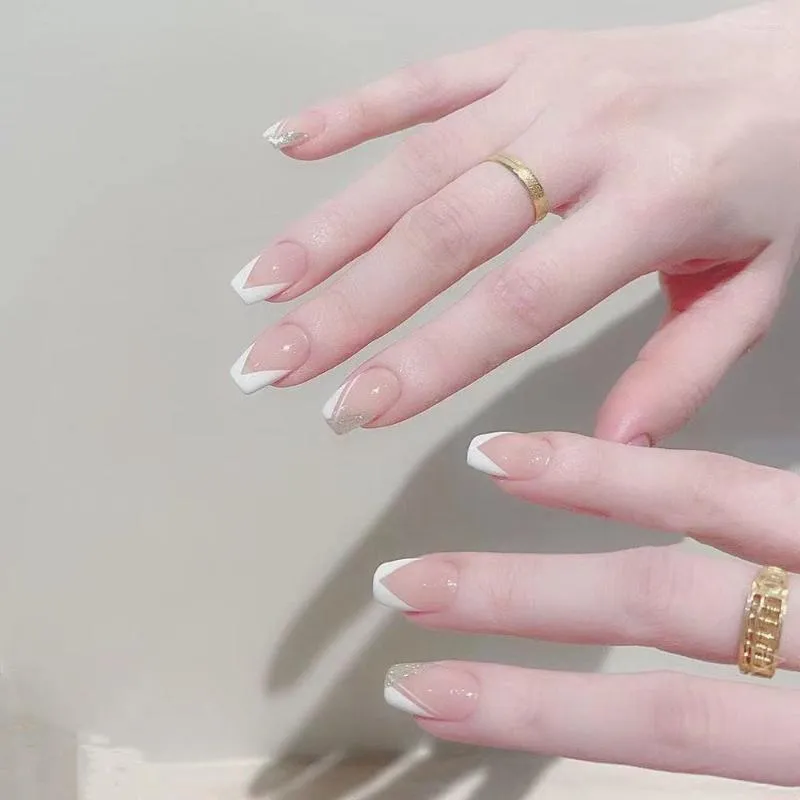 Falska naglar 24p vit kant fransk naken rosa glitter avfasad kort balett falsk avtagbar press på nagel fullt omslag konstgjorda