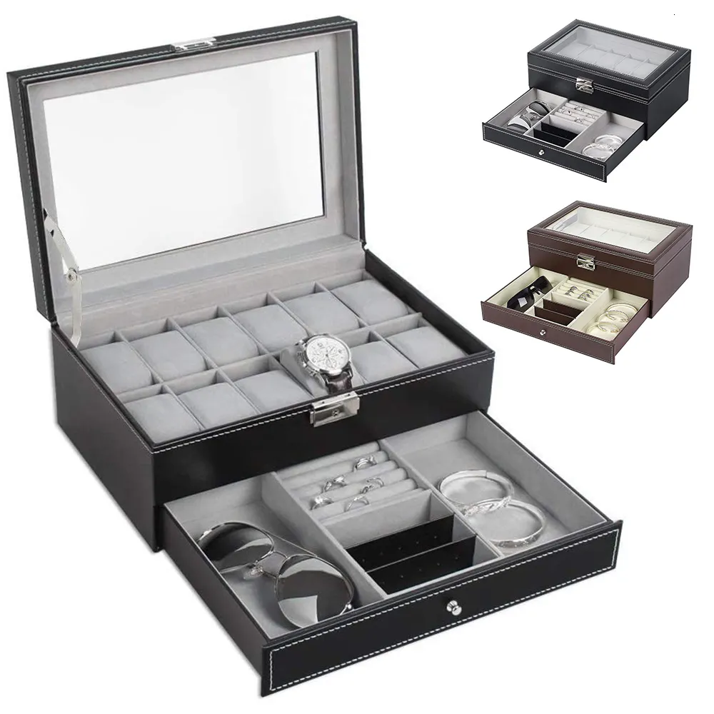 Montres Boîtes Cas 2Tier 12 Fentes Montre Boîte De Rangement Hommes Femmes En Cuir PU Montre Organisateur Bijoux Vitrine Organisateur avec Bijoux Tiroir Cadeau 230214