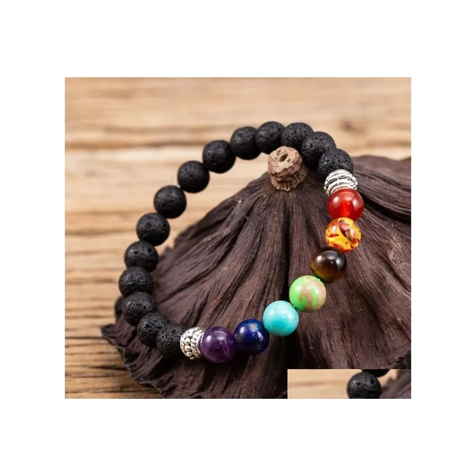 Charm Bracelets Retro Sier Gold 7 Chakras Charms 8Mm Black Lava Stone Bracelet Diy Aromatherapy Essential Oil Diffuser Buddha Mala Y Dhxhp