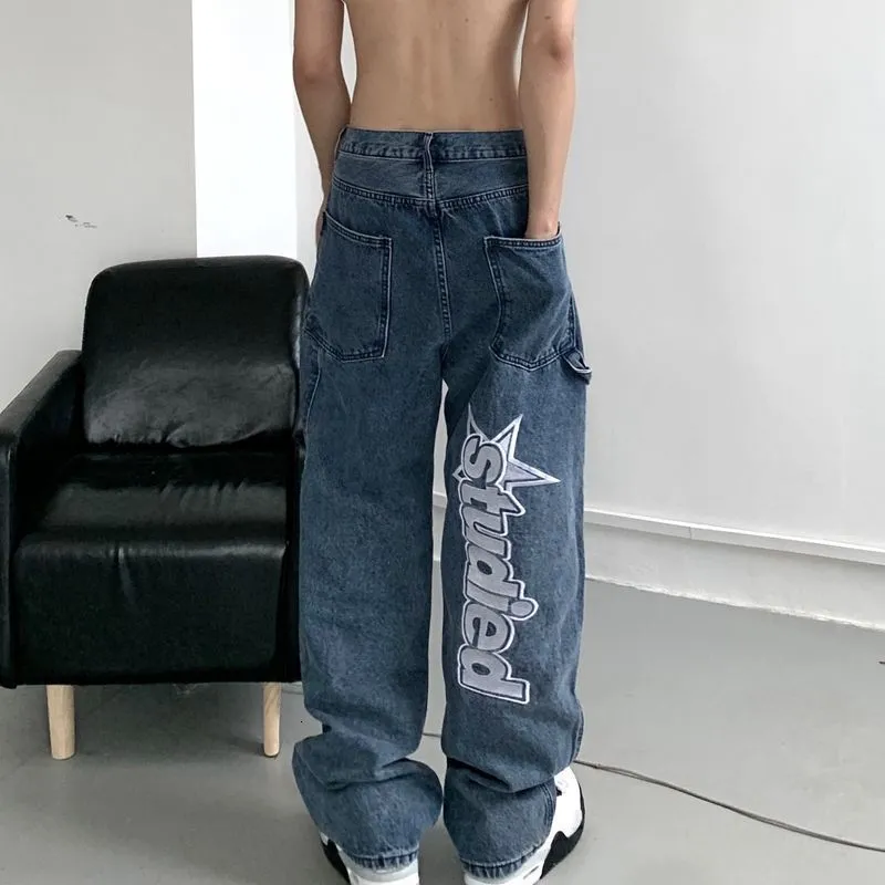 Kvinnors jeans y2k kvinnor koreanska mode streetwear casual brev tryck rak bred ben byxor baggy denim byxor män låg stiger jeans kläder 230215