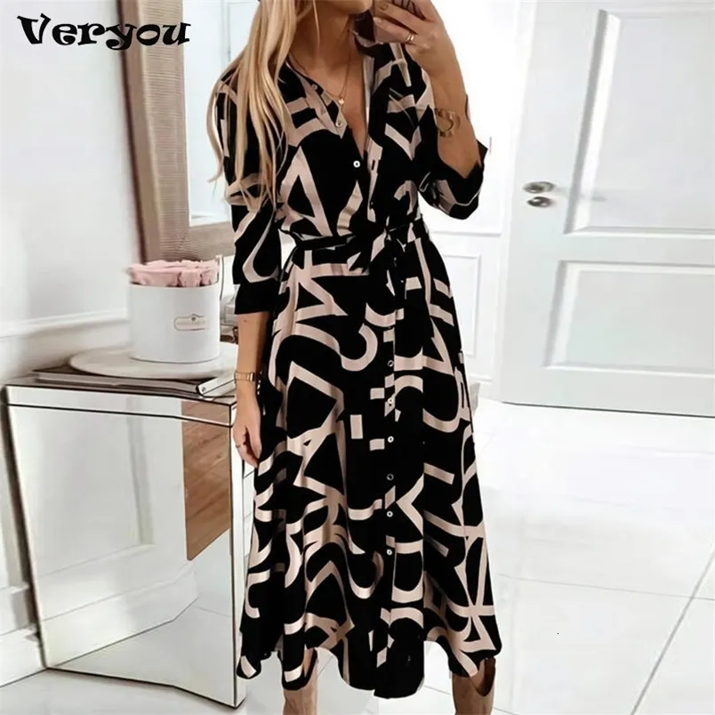 Casual Dresses Autumn Elegant Shirt Dress Women Knapp Lång ärm Tunika Midi Dress Ladies Office V Neck Print Party Dresses For Women 230214