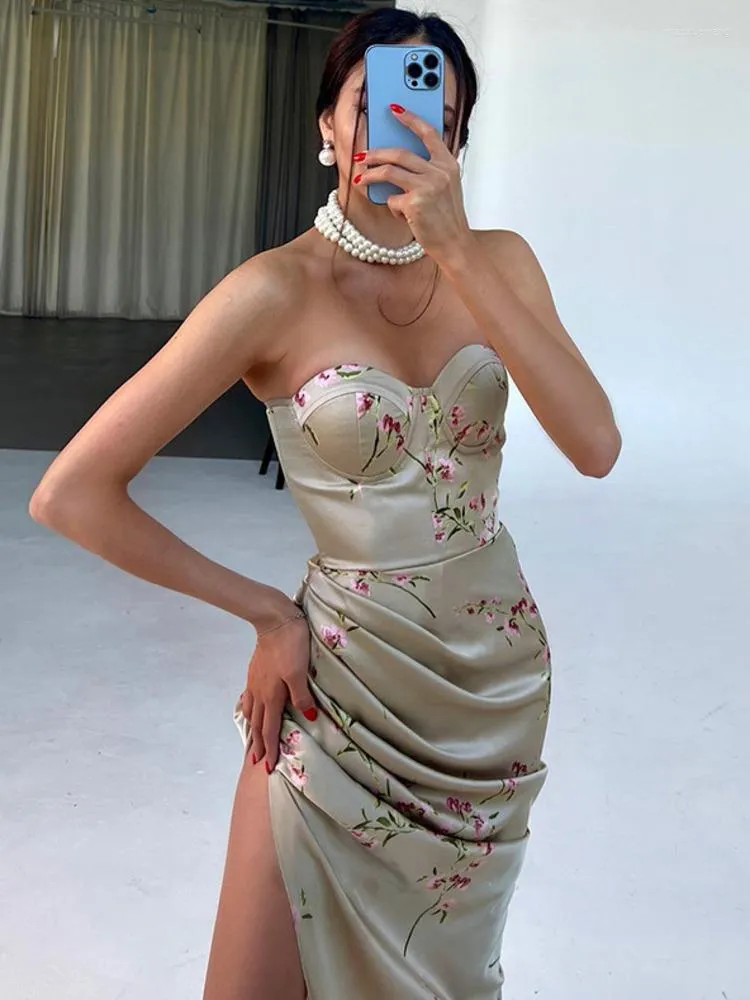 Casual Dresses Mozision Floral Print Ruched High Split Midi Dress for Women Robe Axless Backless BodyCon Party Sexig Long Vestido