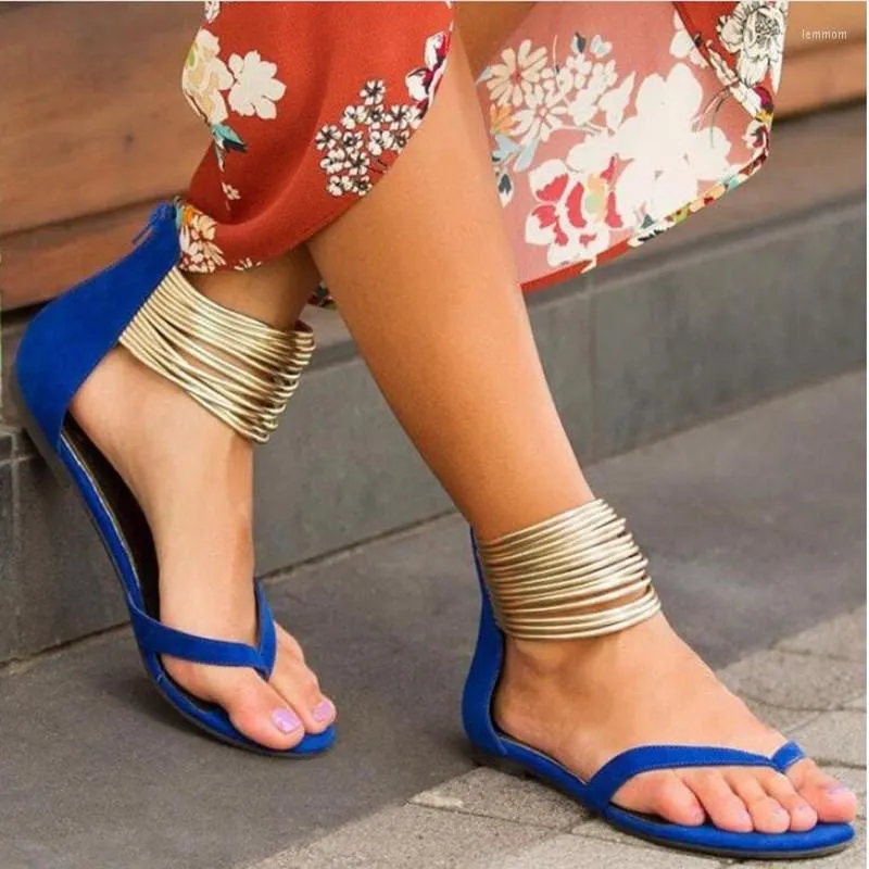 Sandals Women 2023 Summer Casual Flat Plus Size Flip Flop Female Flock Metal Comfortable Zipper Ankle Corduroy Shoes Leisure 8.5