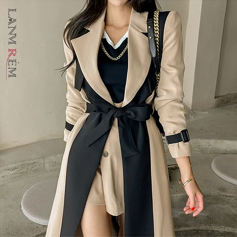 Women's Trench Coats LANMREM Elegant Notched Collar Lady Patchwork Windbreaker Full Sleeve Buttons Belted Women Long Trench Coats Winter 2W1922 230215