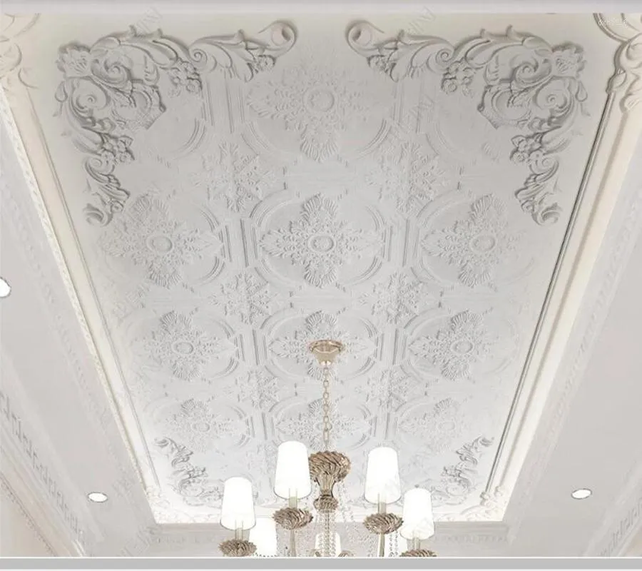 壁紙Papel de Parede Luxury White Gypsum Line Relief European Style天井3D壁紙リビングルームテレビ壁寝室の壁画