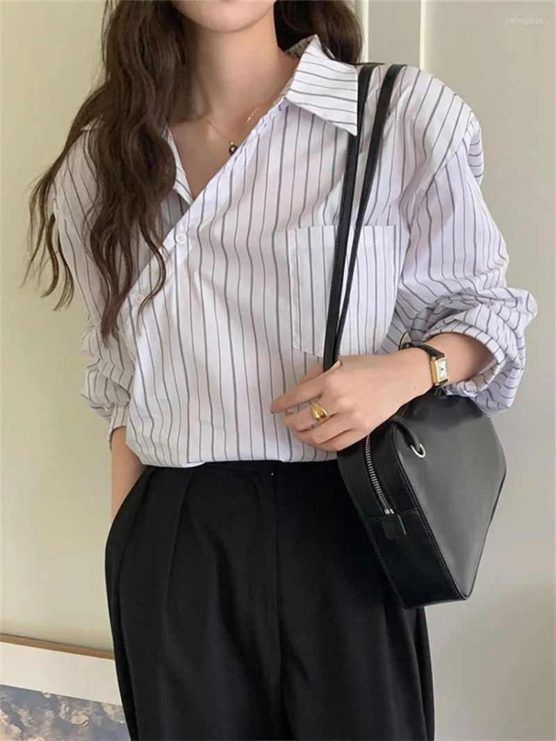 Women's Blouses HziriP Vintage Office Lady Blue Shirts Women Stripes Loose 2023 OL Autumn Fashion Work Wear Full Sleeve Elegant Blusas