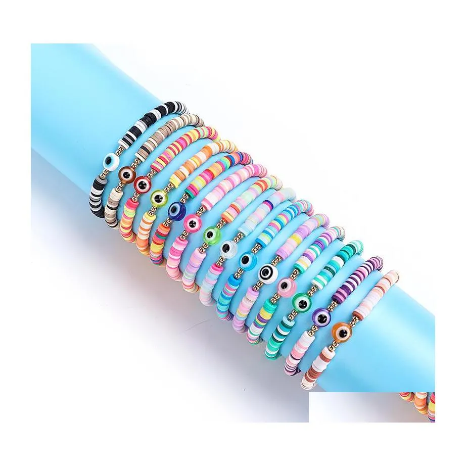 Charmarmband mticolor Evil Eye Armband Set Summer Beach Jewelry Soft Polymer Clay Disc Elastic For Women Drop Delivery Dh67y