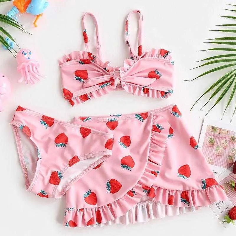 Cute Childrens Swimsuit Strawberry Two piece Printed Girls Bikini Lace Pleated