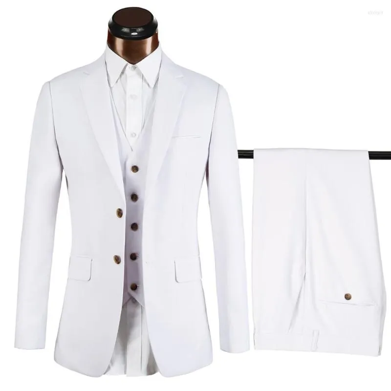 Erkekler Beyaz Erkekler 3 Parça En Kaliteli Marka İnce Fit Düğün Erkekler Katı İş Blazer Seti (Ceket Pantolon Yelek)