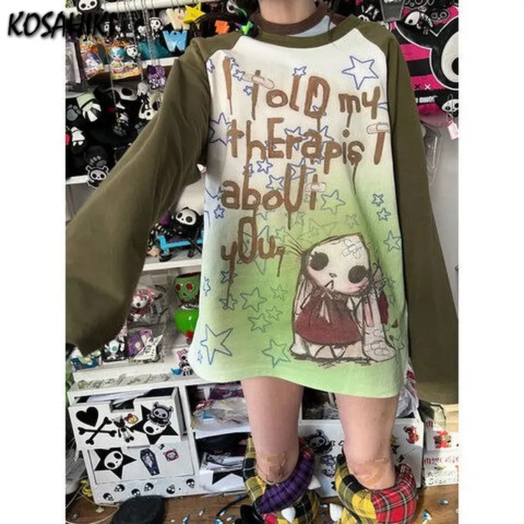 Women's T-Shirt KOSAHIKI Y2k Aesthetic Long Sleeve T-shirt Women Punk Letter Tie Dye Cartoon Print Loose Graphic T Shirt Couple Fairy Grunge Tee 230215