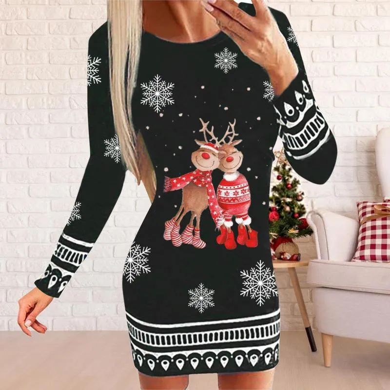 Casual Dresses Vintage Elegant Christmas Dress Women Long Sleeve Reindeer Letter Print Party Xmas Year Ladies Bodycon Mini