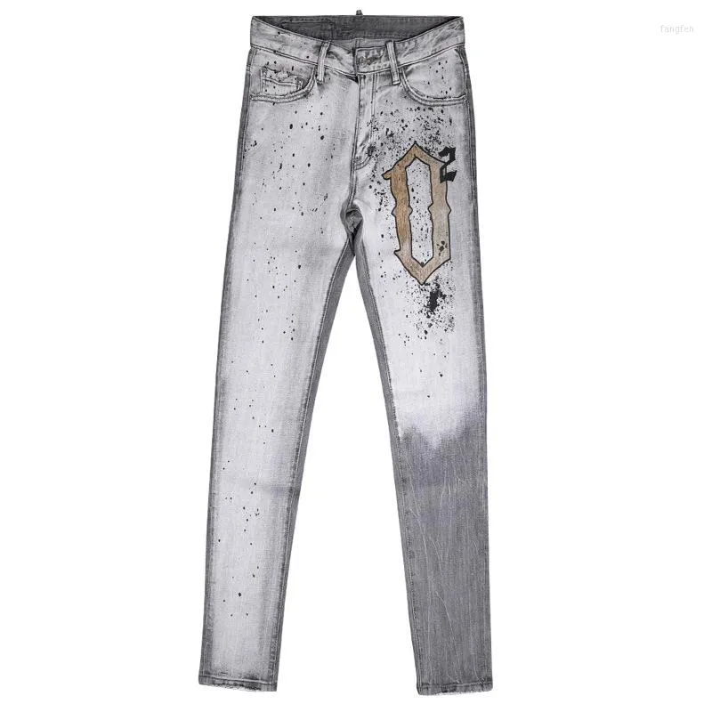 Heren jeans mode trendy merk persoonlijkheid gewassen licht grijs gespikkelde inkt slijpende witte jeugdbroek slanke midden-tailles mannen