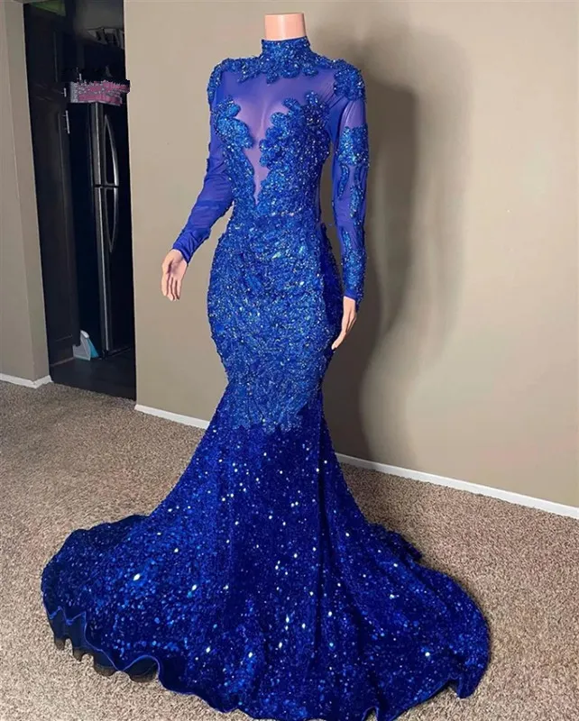 Royal Blue gillter sequins applique Prom Dresses 2023 aso ebi Long Sleeve Evening Dress For Black Girls Graduations Gown Mermiad abends