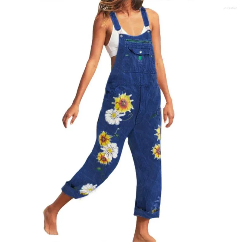 Jumpsuits voor dames 2023 Zomer vrouwen Casual slabbetje Algemene Dungarees zonnebloemprint zakken denim losse overalls